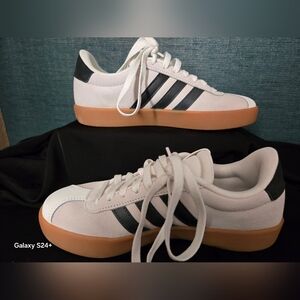 Adidas Womens White and Black Sneakers with Tan Sole